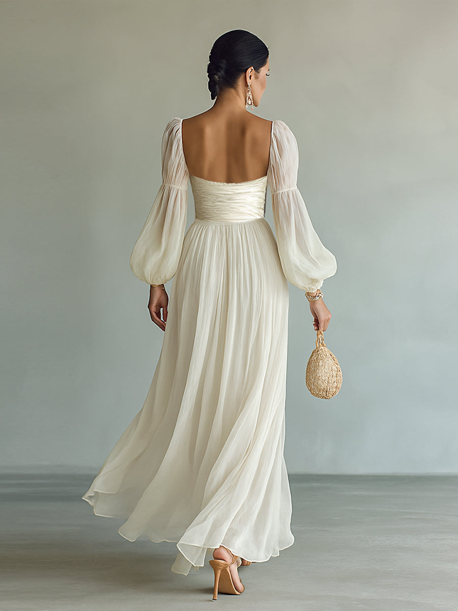 Vestido Maxi de Chifón para Mujer con Escote Cuadrado y Mangas Largas