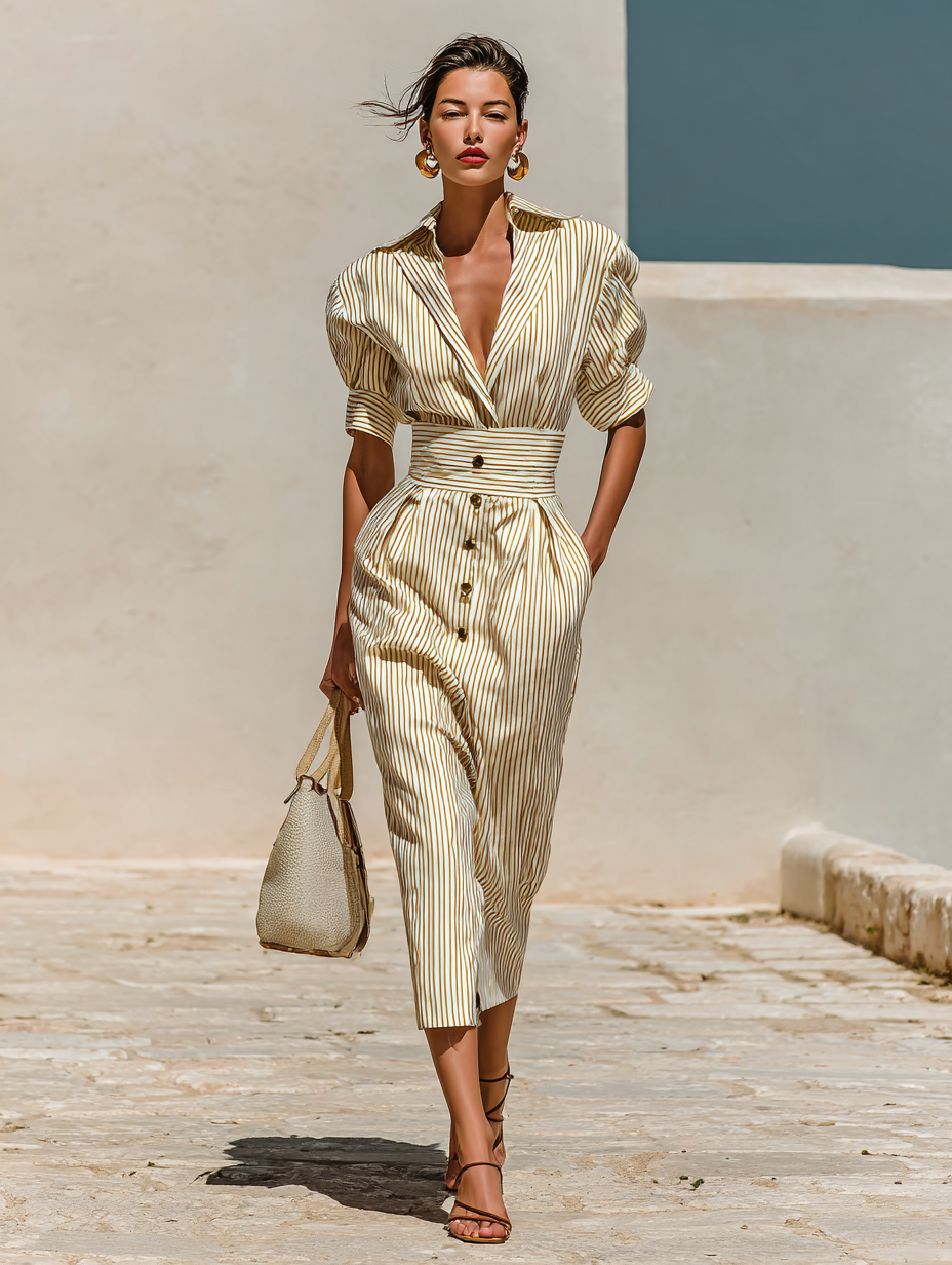 Vestido Midi a Rayas con Cuello y Mangas Cortas