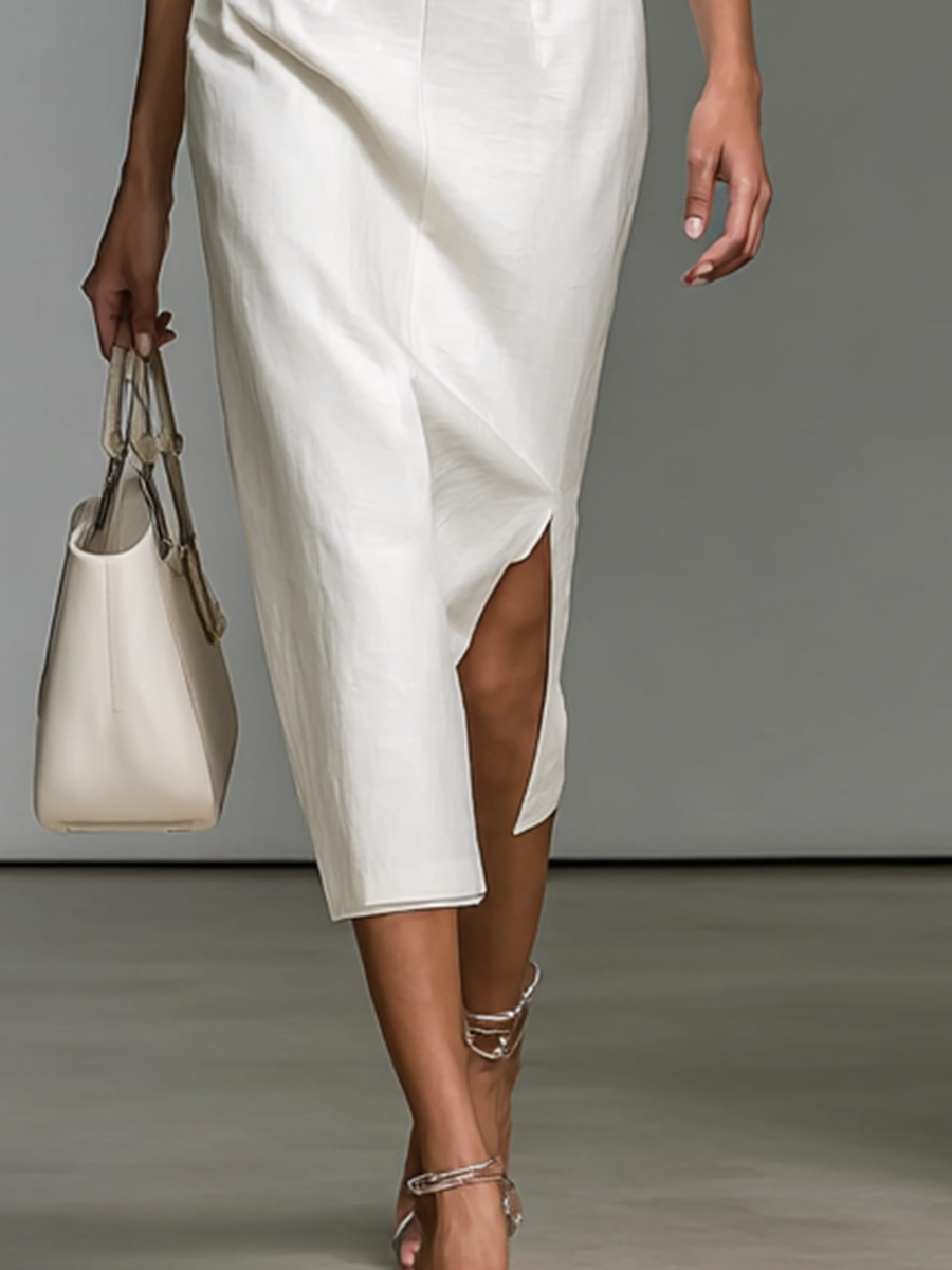 Vestido Midi Mujer Bordado con Escote en V y Mangas Cortas