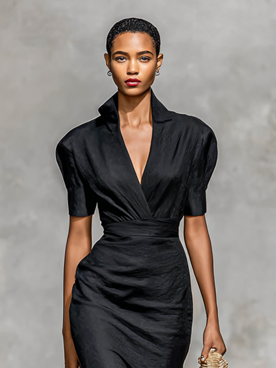 Vestido Midi Mujer Monocromático con Cuello en V y Mangas Cortas