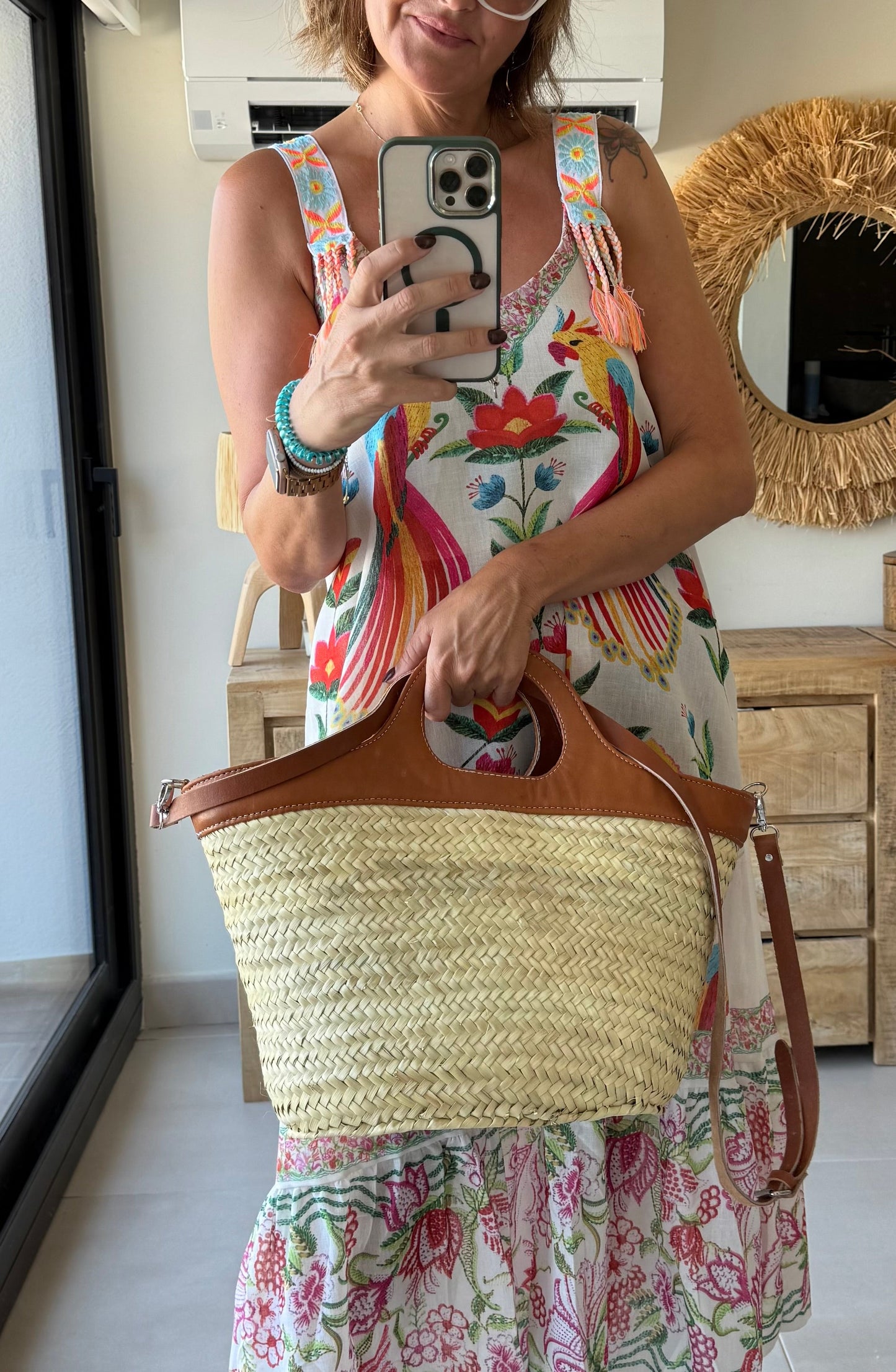 Capazo mimbre con piel Capri