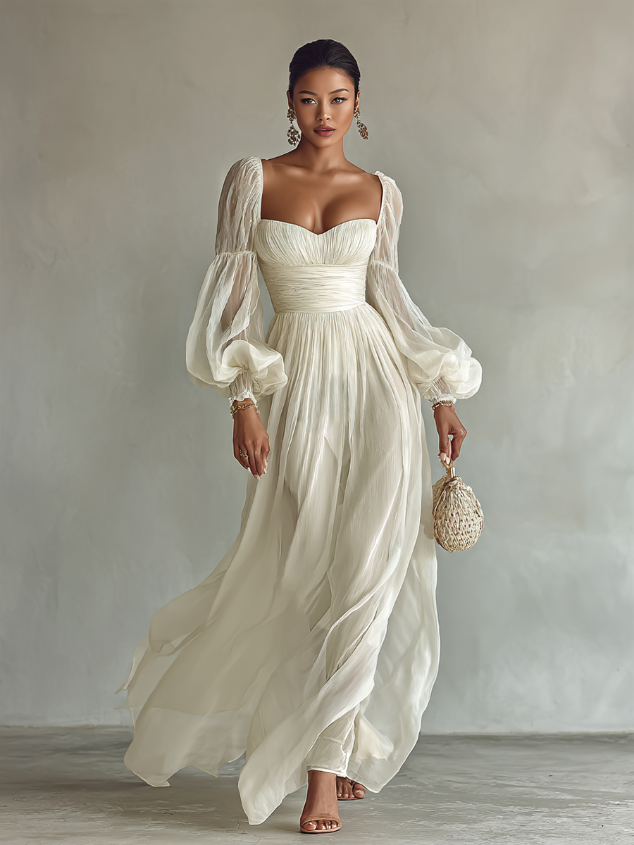 Vestido Maxi de Chifón para Mujer con Escote Cuadrado y Mangas Largas