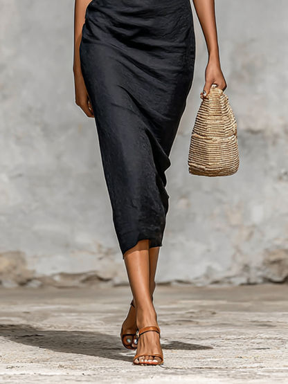 Vestido Midi Mujer Monocromático con Cuello en V y Mangas Cortas