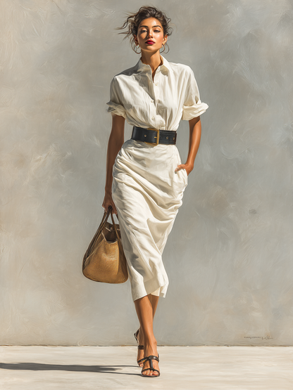 Vestido de mujer con mangas cortas, cuello y cintura