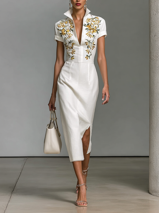 Vestido Midi Mujer Bordado con Escote en V y Mangas Cortas