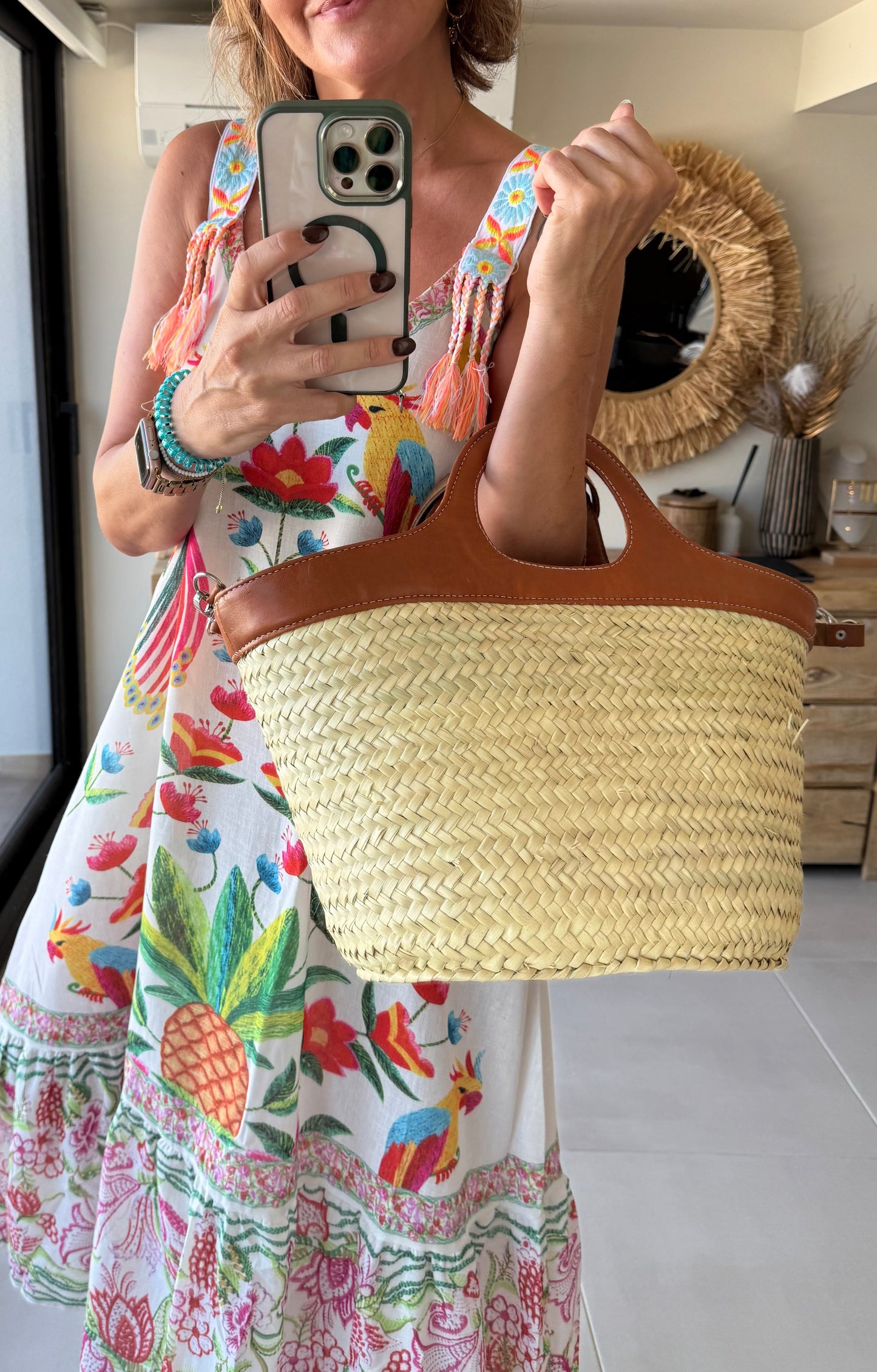 Capazo mimbre con piel Capri