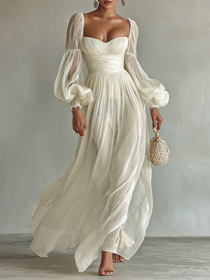 Vestido Maxi de Chifón para Mujer con Escote Cuadrado y Mangas Largas