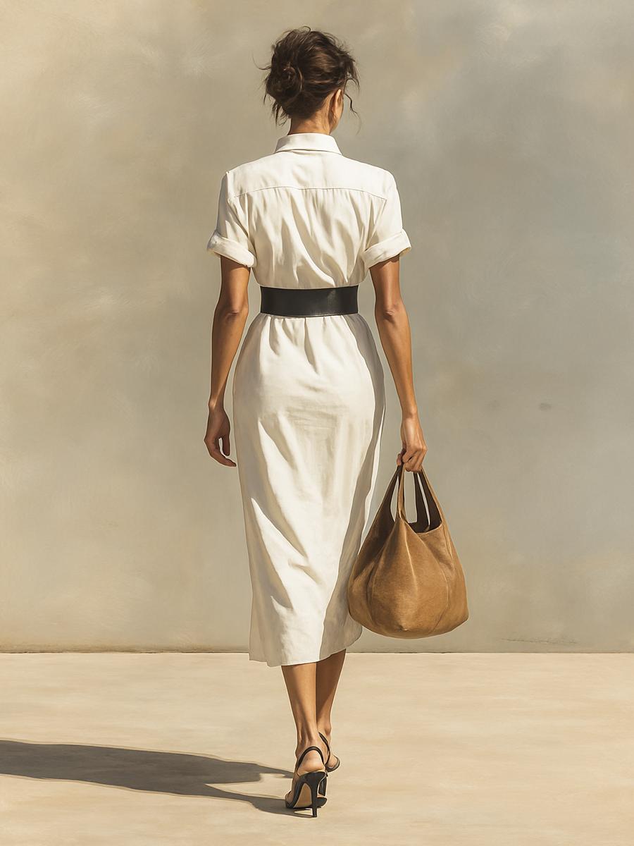 Vestido de mujer con mangas cortas, cuello y cintura