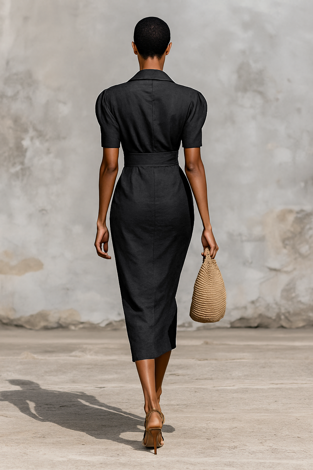 Vestido Midi Mujer Monocromático con Cuello en V y Mangas Cortas