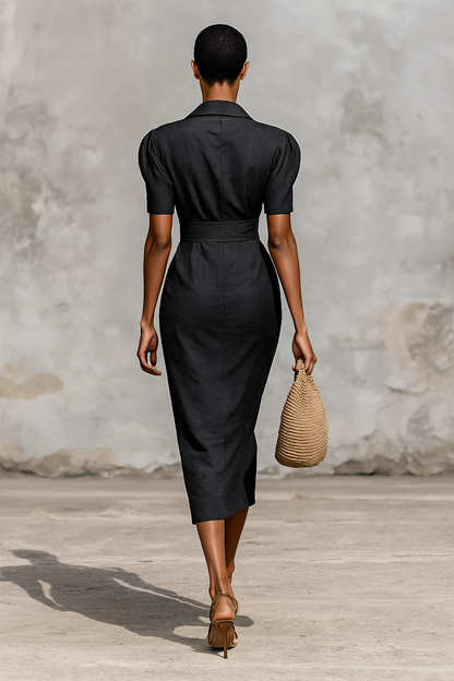 Vestido Midi Mujer Monocromático con Cuello en V y Mangas Cortas