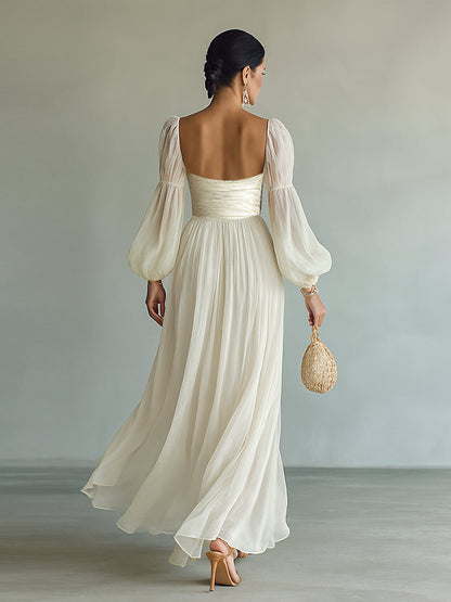 Vestido Maxi de Chifón para Mujer con Escote Cuadrado y Mangas Largas