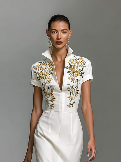 Vestido Midi Mujer Bordado con Escote en V y Mangas Cortas