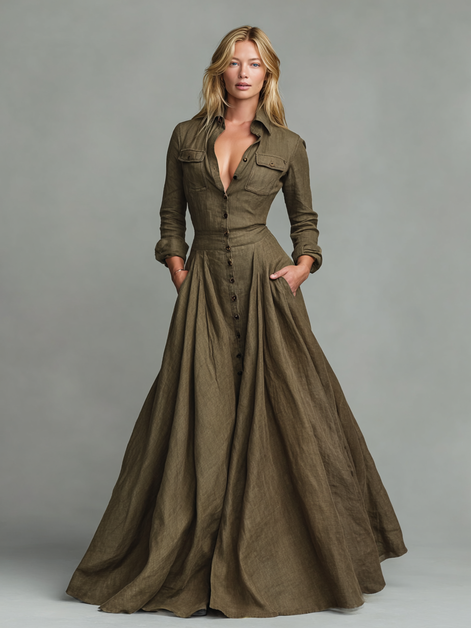 Vestido Maxi Vintage en Algodón y Lino para Mujer con Diseño de Camisa