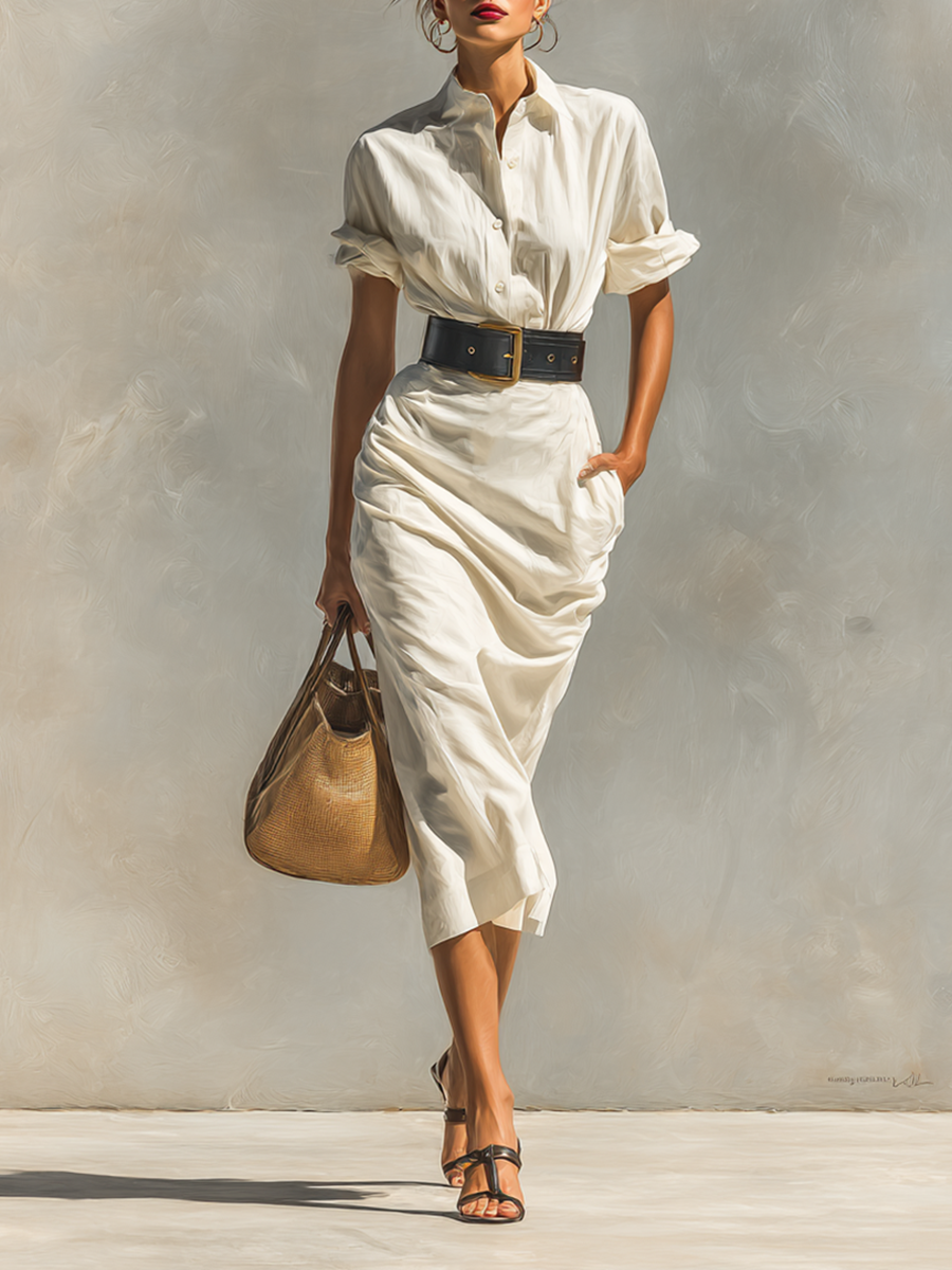 Vestido de mujer con mangas cortas, cuello y cintura