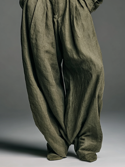 Conjunto de Dos Piezas para Mujer en Algodón y Lino con Camisa de Manga Larga y Pantalones de Pierna Ancha