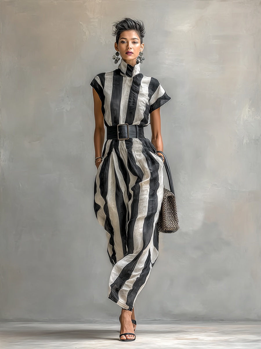 Vestido Maxi de Chiffon con Cuello Alto y Mangas Cortas