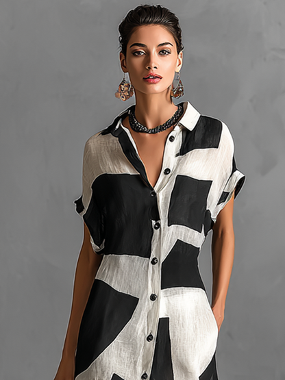 Vestido Camisa Maxi en Chiffon para Mujer con Estampado Geométrico Irregular y Cuello de Solapa, Mangas Cortas, Botón Único