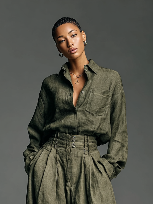 Conjunto de Dos Piezas para Mujer en Algodón y Lino con Camisa de Manga Larga y Pantalones de Pierna Ancha