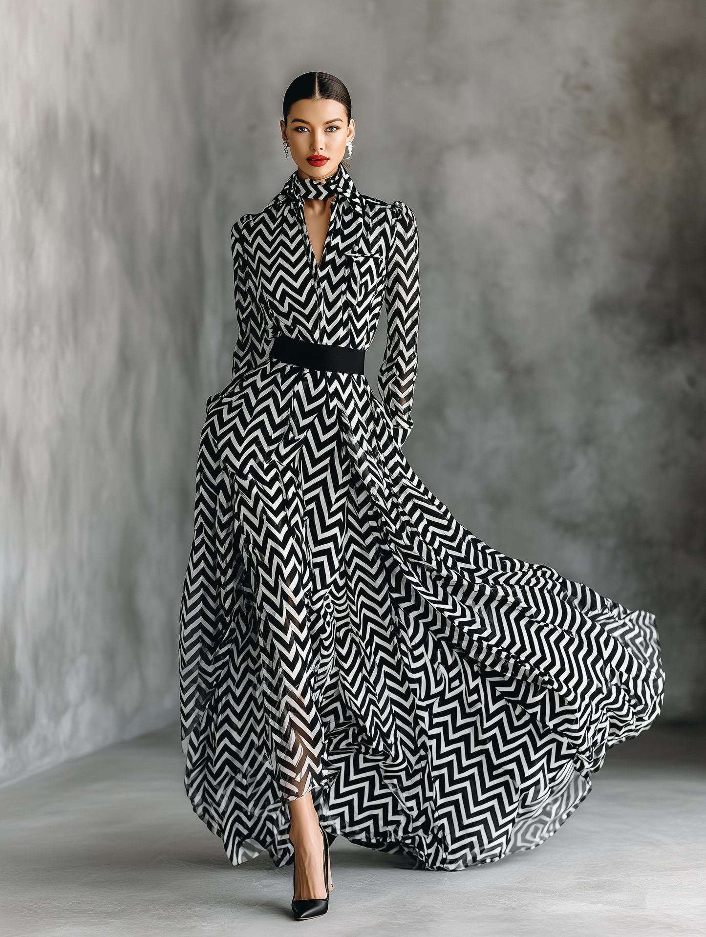 Vestido Maxi de Chiffon a Rayas Negro y Blanco