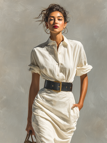 Vestido de mujer con mangas cortas, cuello y cintura